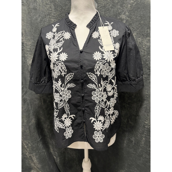 Calypso St. Barth Tops - NWT Calypso St Barth Black & White Floral Embroidered Button Up Top Size Med